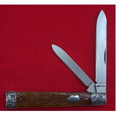 Don Huffman Custom 2 Blade Knife with Brown Jigged Handles, Engraving by Bruce Shaw